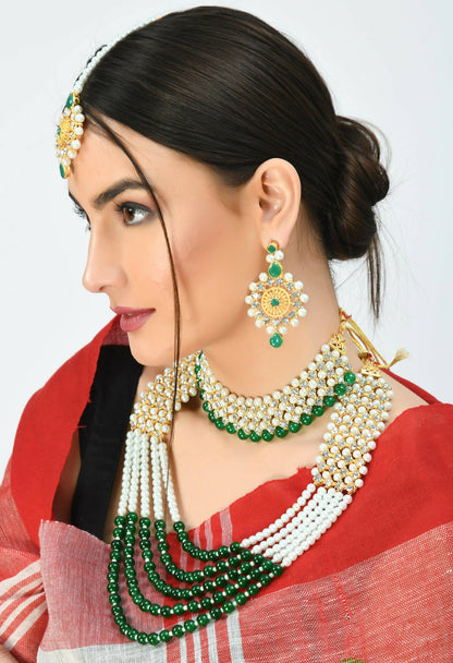 Mominos Fashion Johar Kamal Gold-Polished Rani Haar with Cream Green and Off white Pearls Jewellery Set