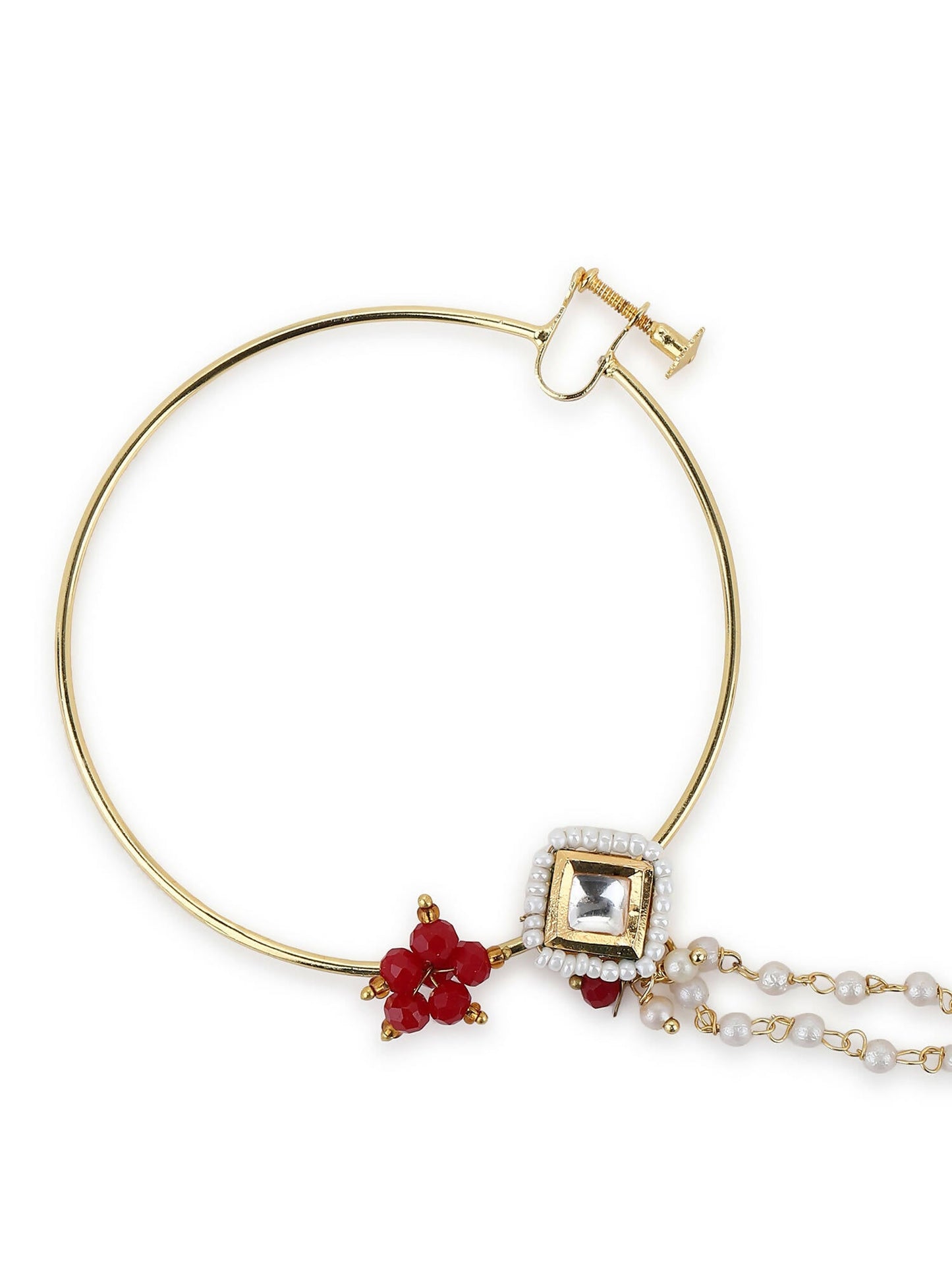 Gold-Polished White Red Kundan-Studded Pearl Beaded Nosepin - Ruby Raang