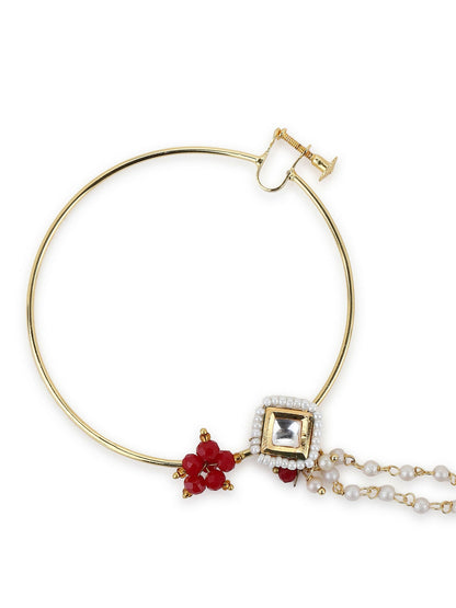 Gold-Polished White Red Kundan-Studded Pearl Beaded Nosepin - Ruby Raang