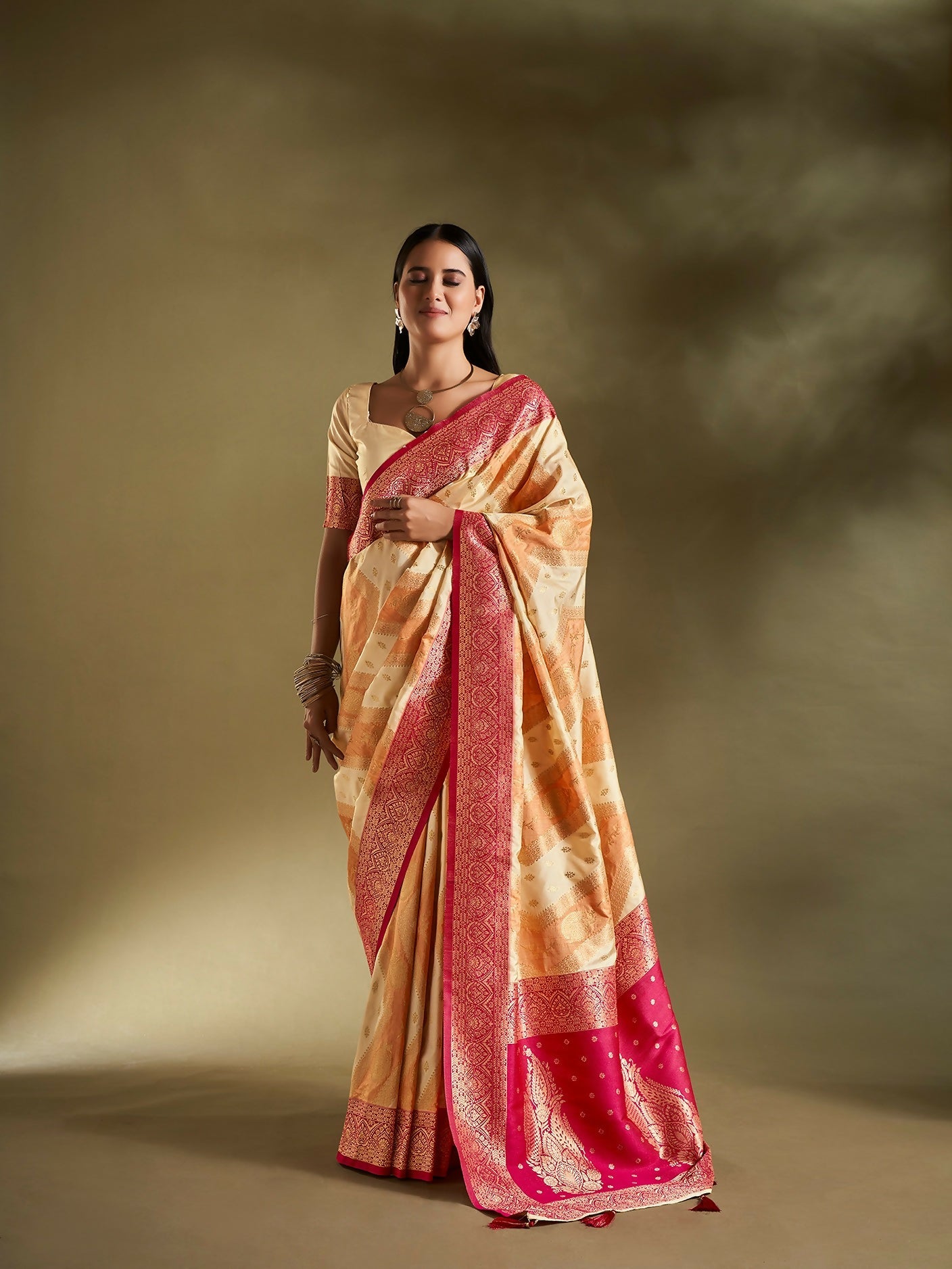 Joban Fashion Cream & Orange Plain With Weaving Border Banarasi Silk Sarees