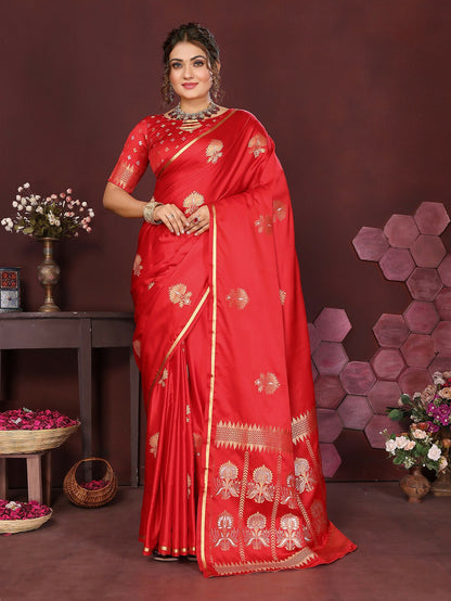 Joban Fashion Red Floral Motifs Banarasi Silk Sarees