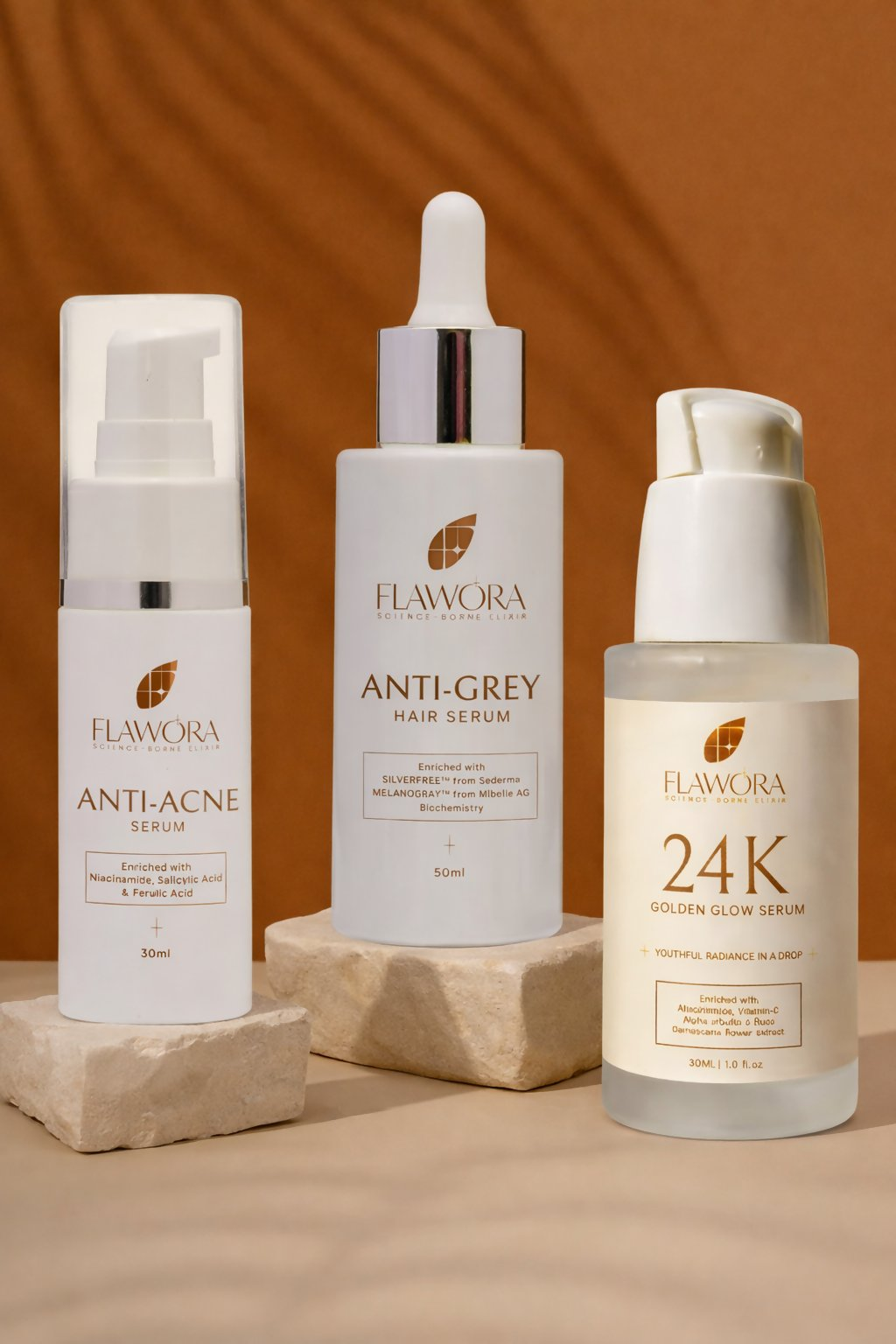 Flawora Set of Anti-Grey Hair Serum, Anti Acne Serum and Golden Glow Face Serum