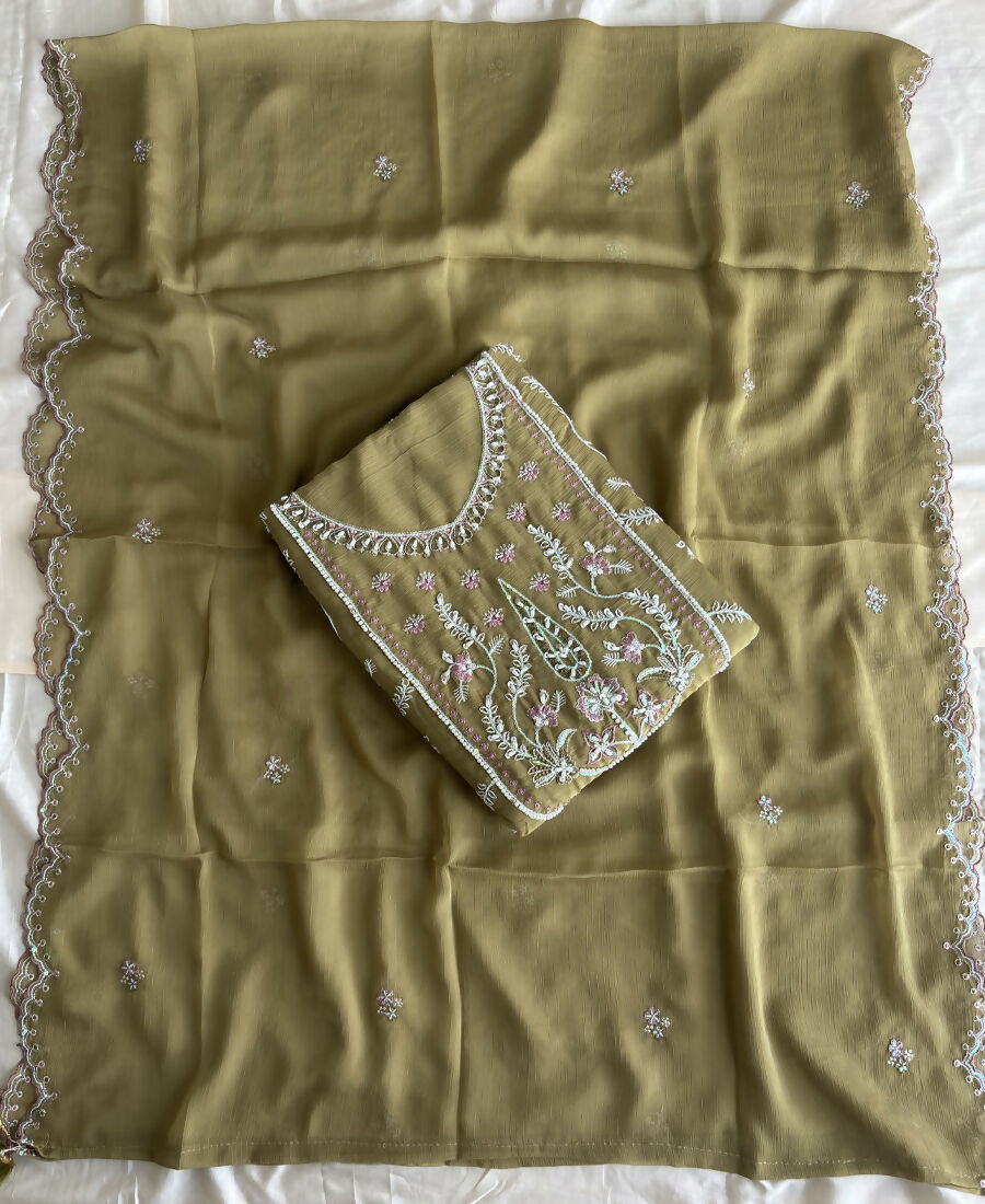 KC Beautiful Mustard Chiffon Silk Hand Embroidery Suit For Women