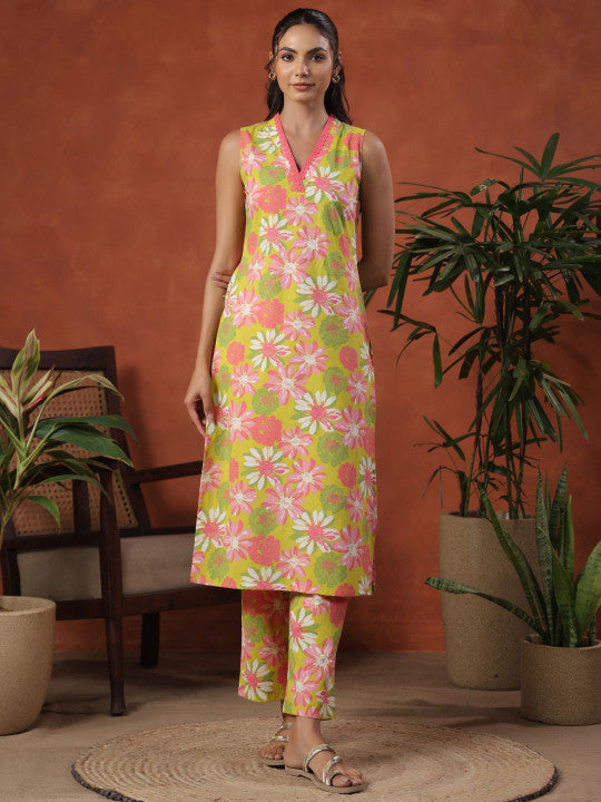 Anayna Floral Printed V-Neck Pure Cotton Straight Kurta With Trousers
