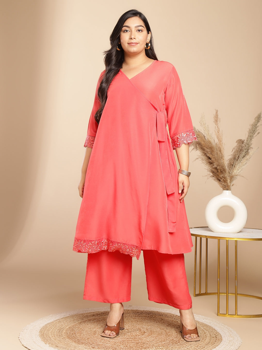 Janasya Angrakha Muslin Peach Solid V-Neck Kurta & Bottom