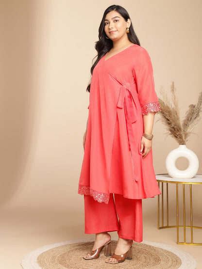 Janasya Angrakha Muslin Peach Solid V-Neck Kurta & Bottom