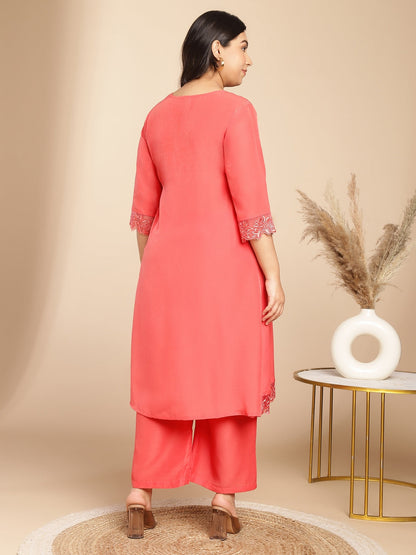 Janasya Angrakha Muslin Peach Solid V-Neck Kurta & Bottom