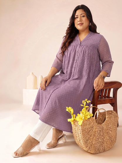 Janasya Lavender A-Line Dobby Chiffon Kurta