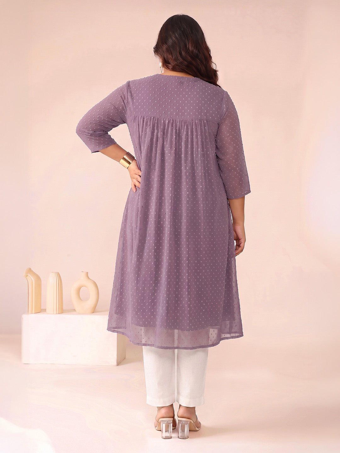 Janasya Lavender A-Line Dobby Chiffon Kurta