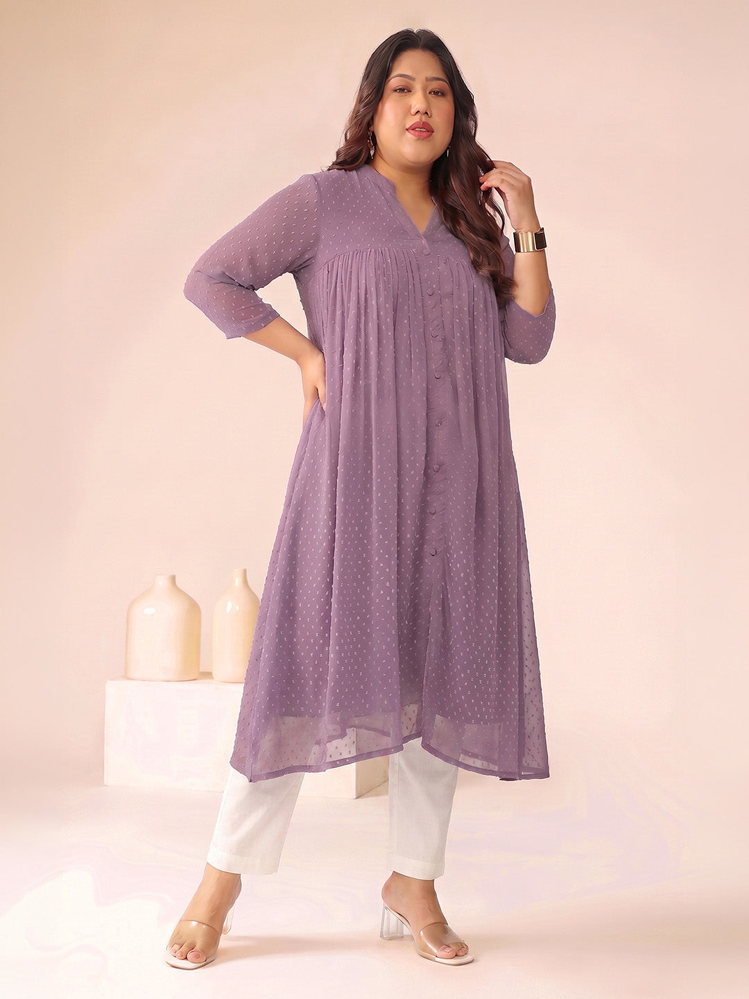 Janasya Lavender A-Line Dobby Chiffon Kurta