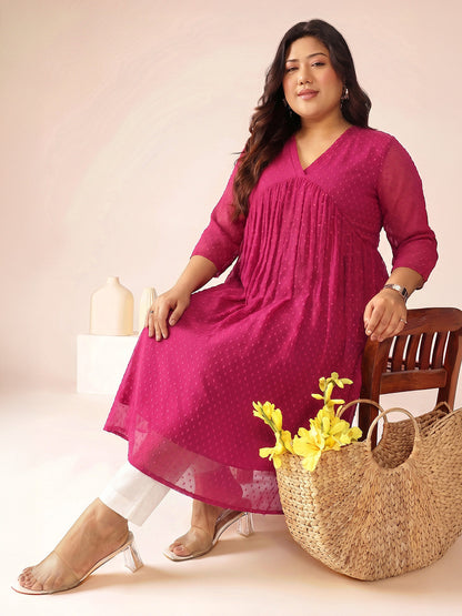 Janasya Magenta A-Line Dobby Chiffon Kurta