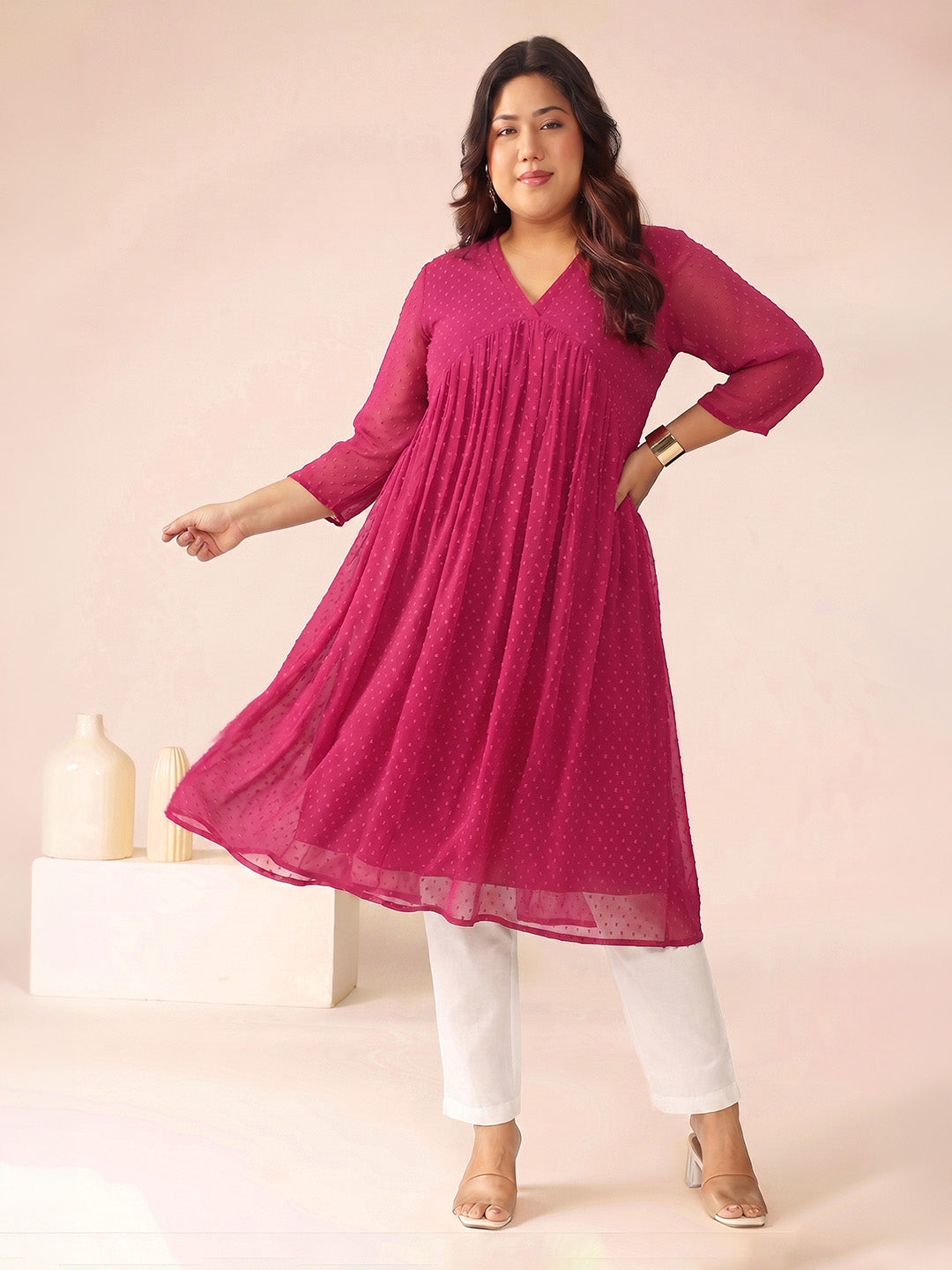Janasya Magenta A-Line Dobby Chiffon Kurta