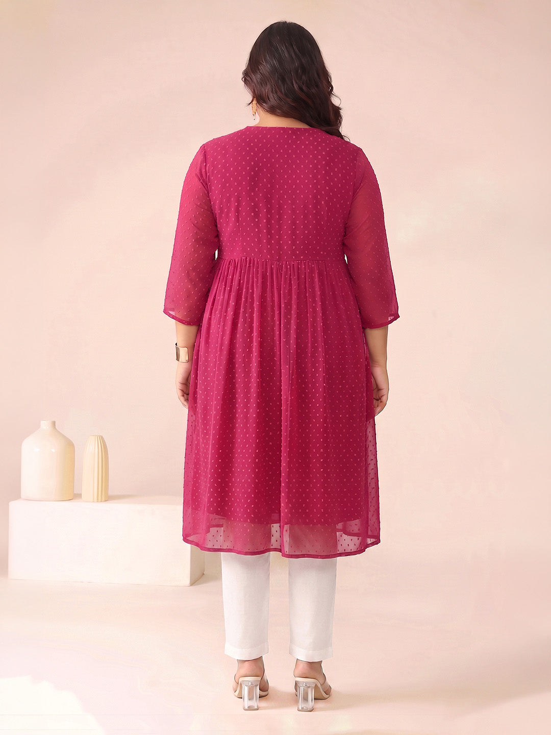 Janasya Magenta A-Line Dobby Chiffon Kurta