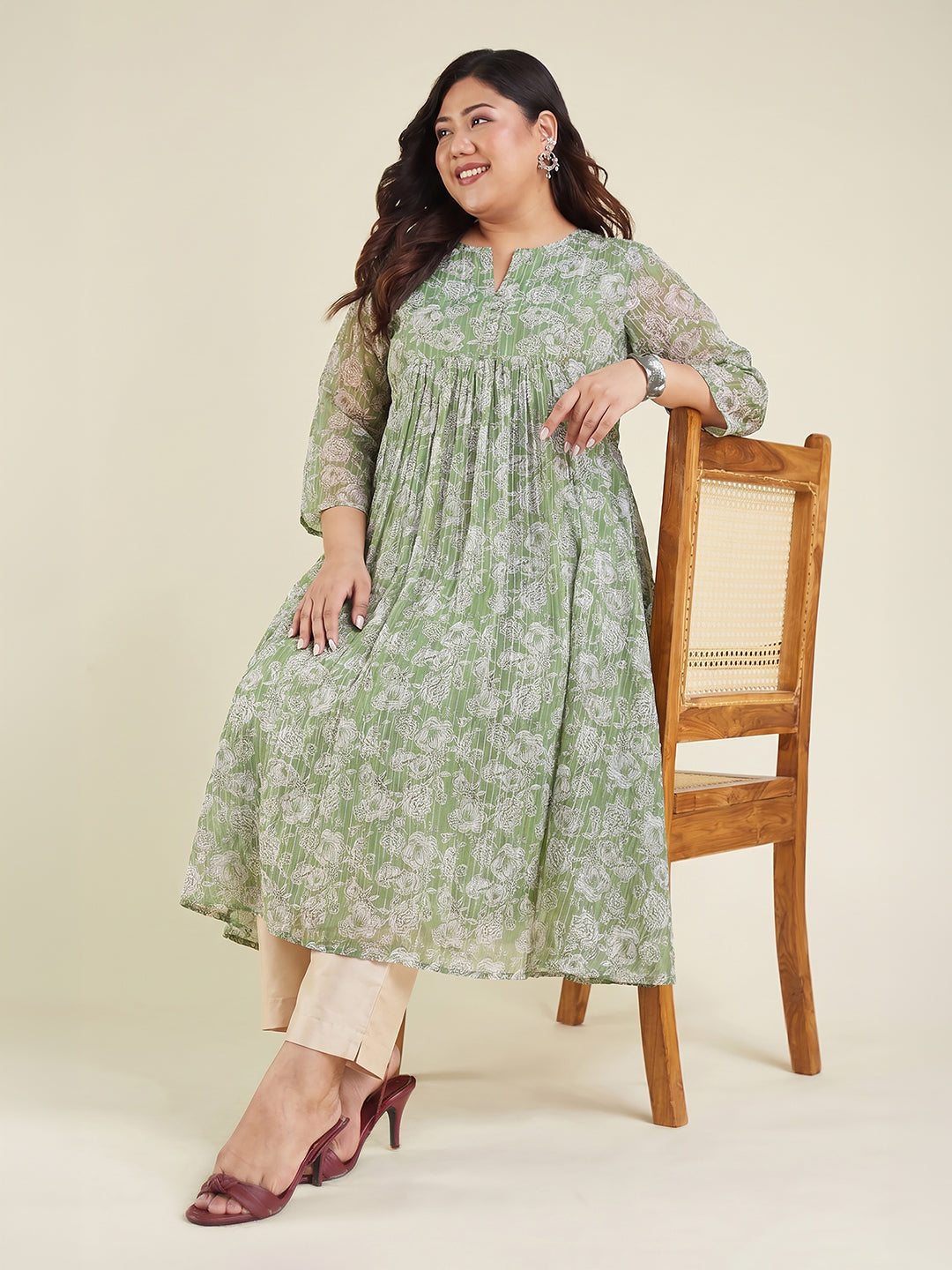 Janasya Green A-Line Chiffon Kurta