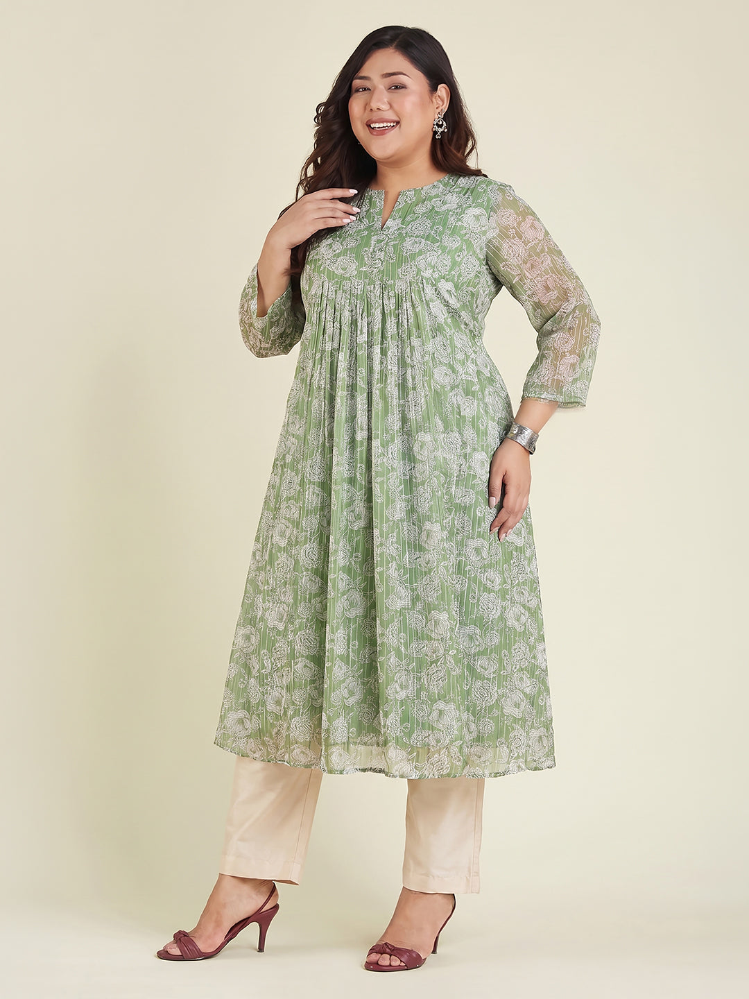 Janasya Green A-Line Chiffon Kurta
