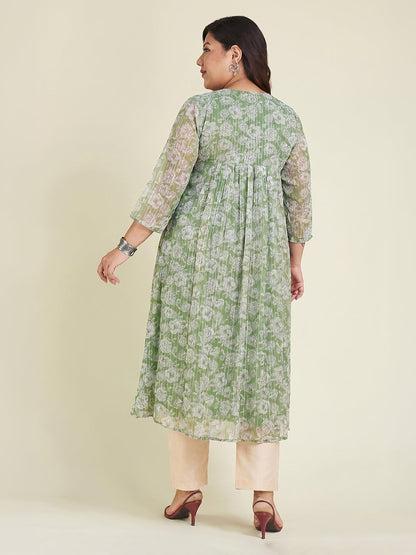 Janasya Green A-Line Chiffon Kurta