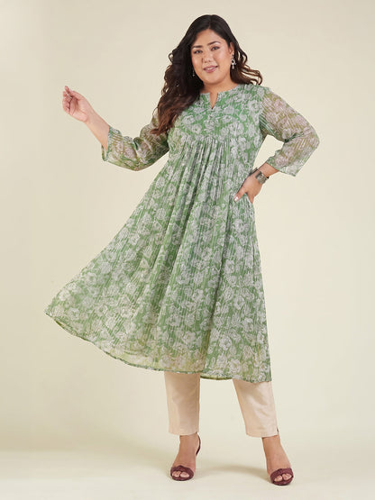 Janasya Green A-Line Chiffon Kurta