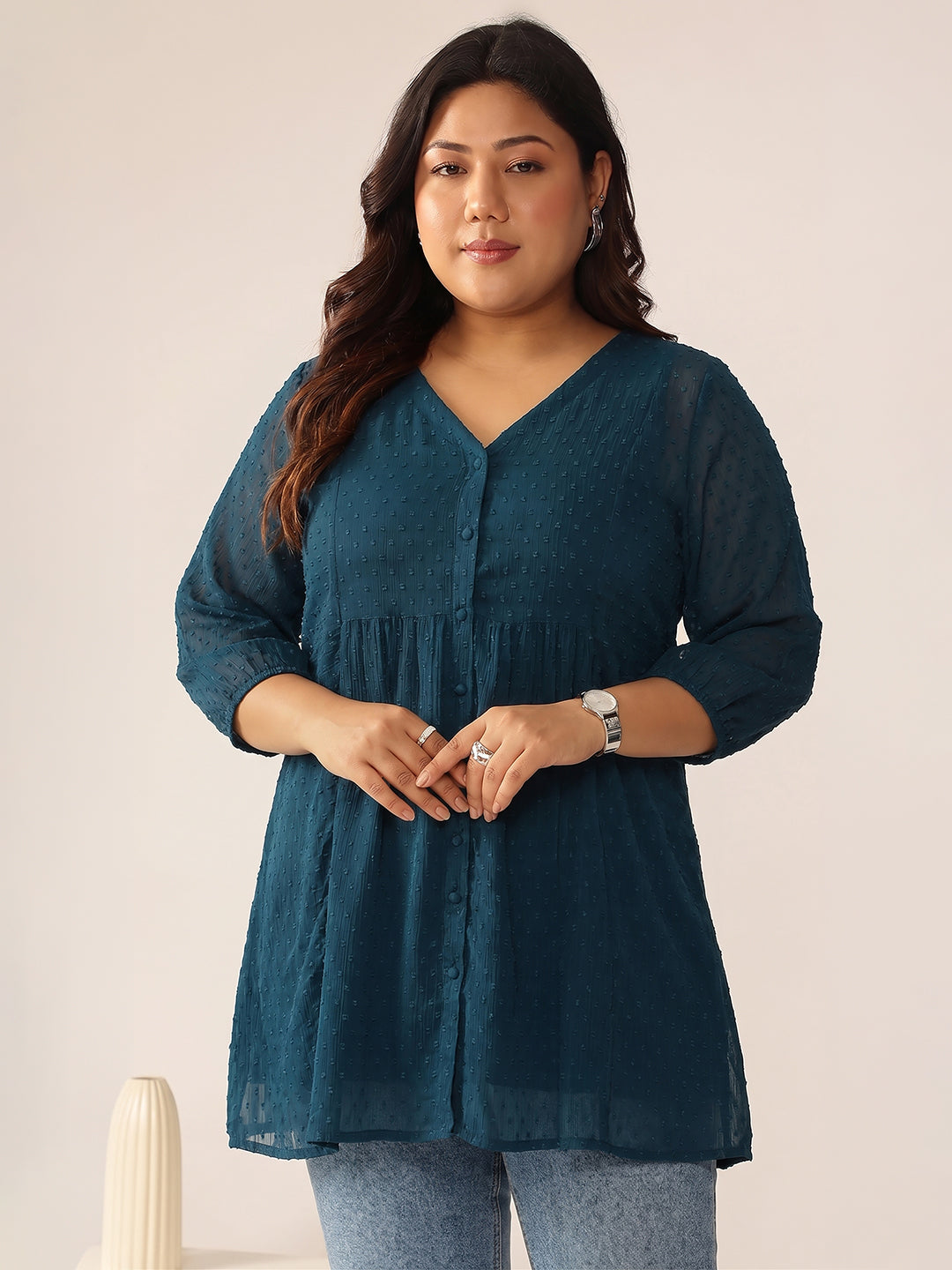 Janasya Teal A-Line Dobby Chiffon Tunic