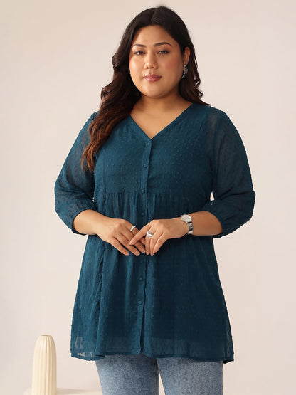 Janasya Teal A-Line Dobby Chiffon Tunic