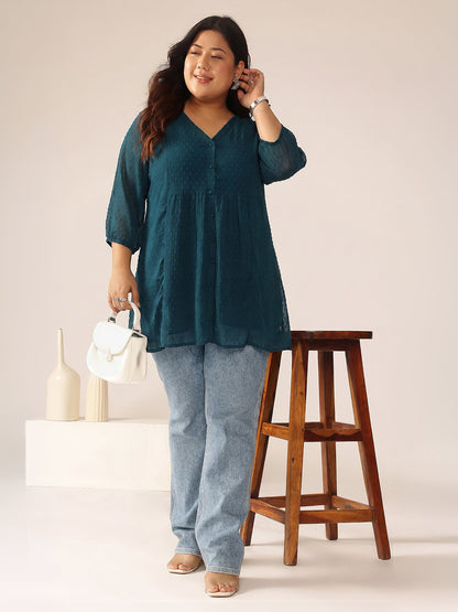 Janasya Teal A-Line Dobby Chiffon Tunic