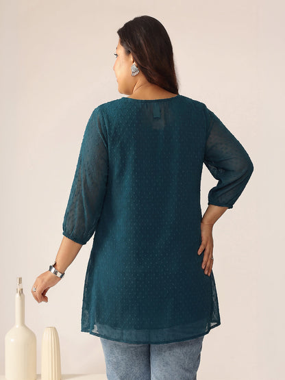Janasya Teal A-Line Dobby Chiffon Tunic