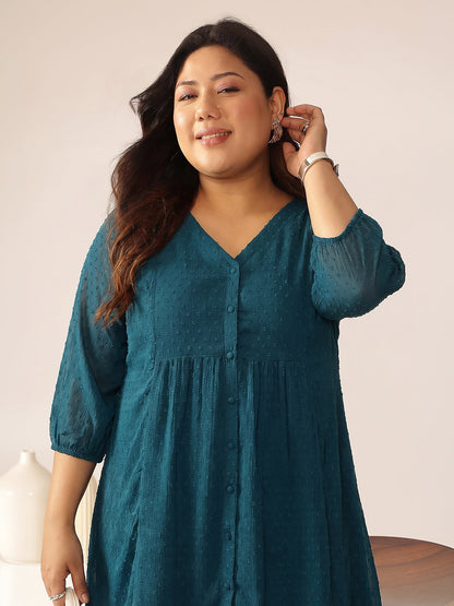Janasya Teal A-Line Dobby Chiffon Tunic