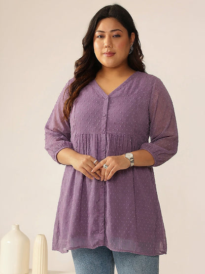 Janasya Lavender A-Line Dobby Chiffon Tunic