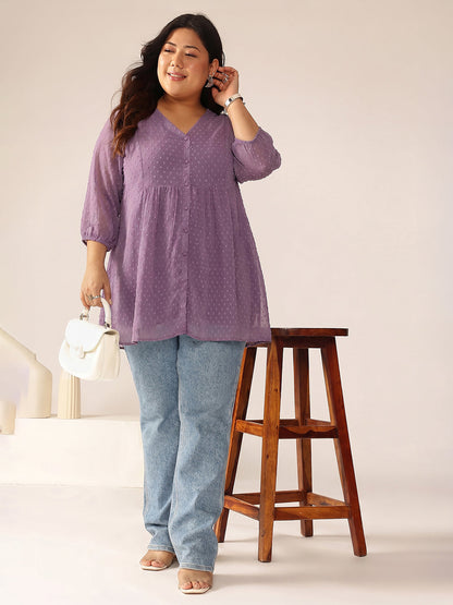 Janasya Lavender A-Line Dobby Chiffon Tunic
