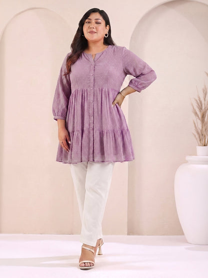 Janasya Lavender Tiered Dobby Chiffon Tunic
