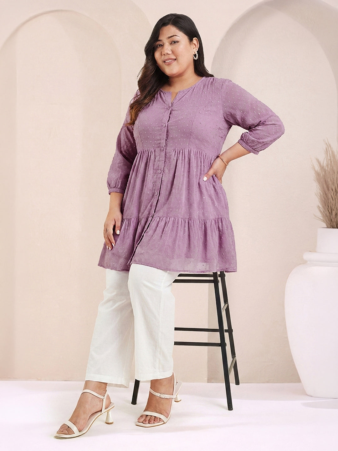 Janasya Lavender Tiered Dobby Chiffon Tunic