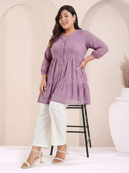 Janasya Lavender Tiered Dobby Chiffon Tunic