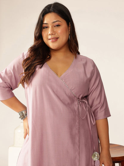 Janasya Light Silk Blend Solid Angrakha Kurta Set