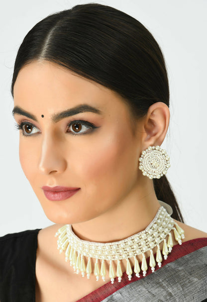 Mominos Fashion Johar Kamal Off White Handicraft Pearls Necklace with Earrings For Women