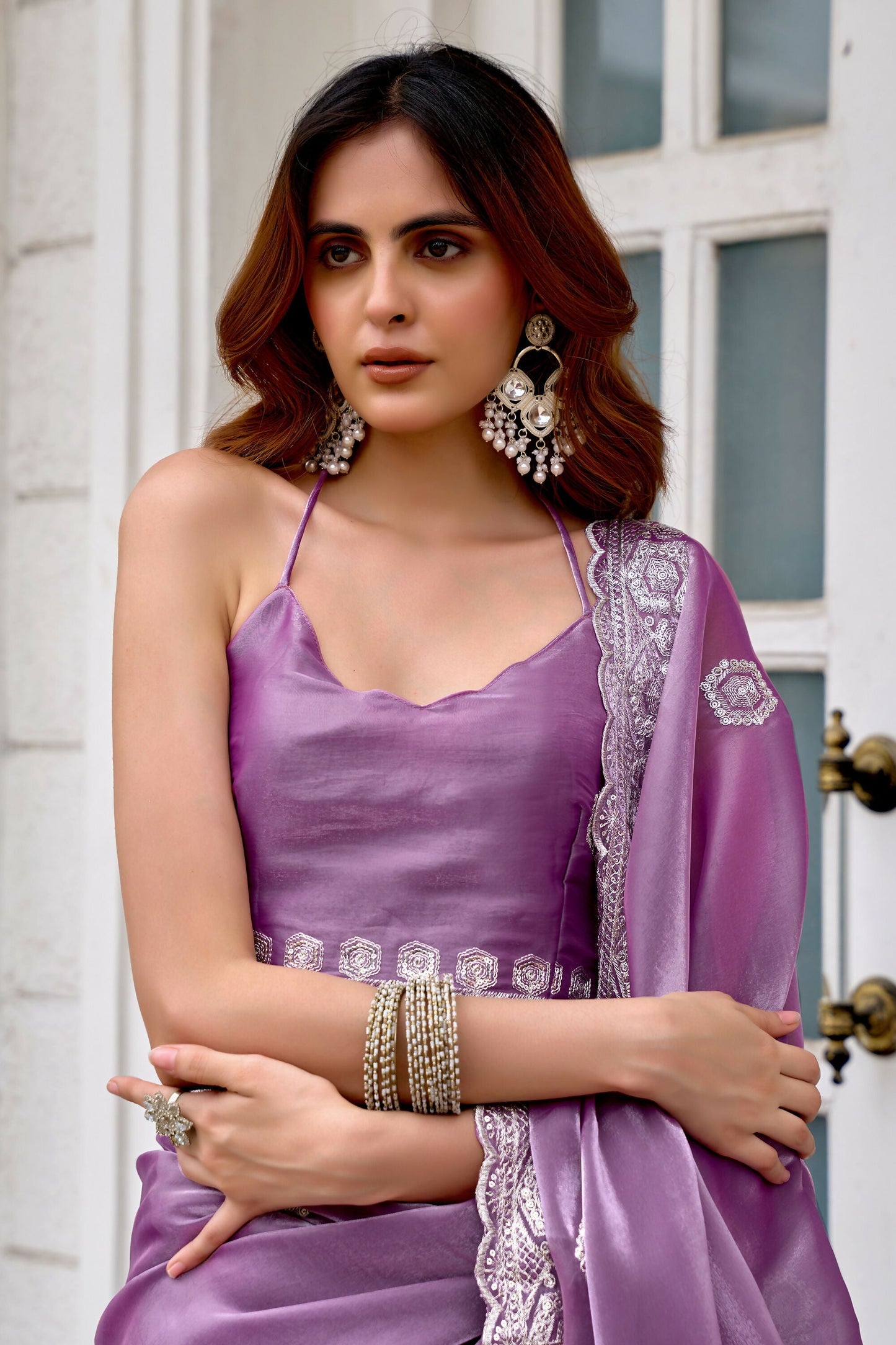Vastranavya Lavender Embroidery Work Shimmer Chiffon Saree with Unstitched Blouse