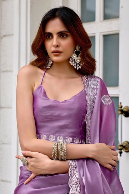 Vastranavya Lavender Embroidery Work Shimmer Chiffon Saree with Unstitched Blouse