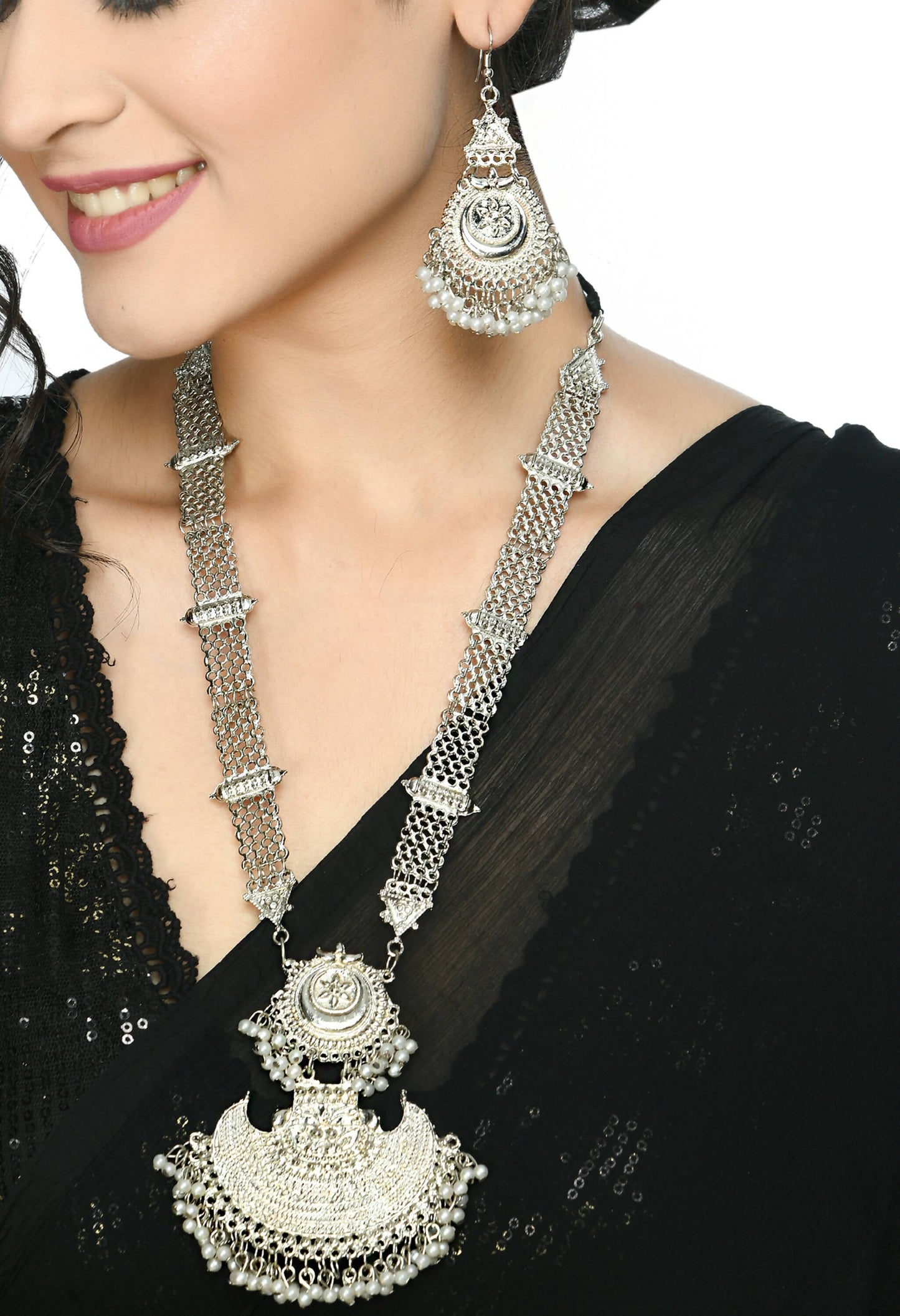 Mominos Fashion Johar Kamal Silver-Plated Brass Finish Rani Haar Statement Necklace For Women