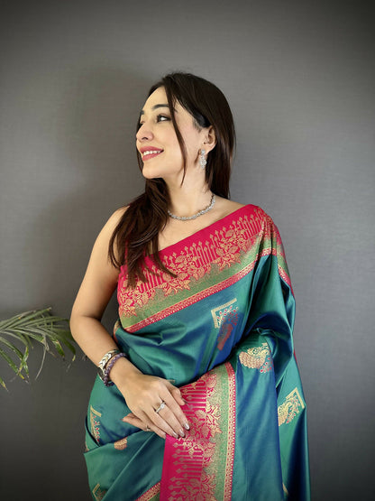 Joban Fashion Teal Banarasi Soft Silk Peacock Butta Work Saree