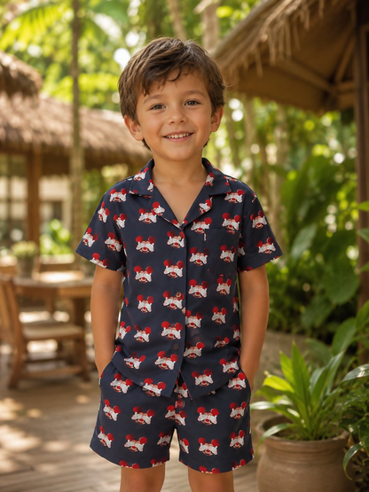 Breathables Woven Cotton Half Sleeves Mickey Mouse Shirt & Shorts Black