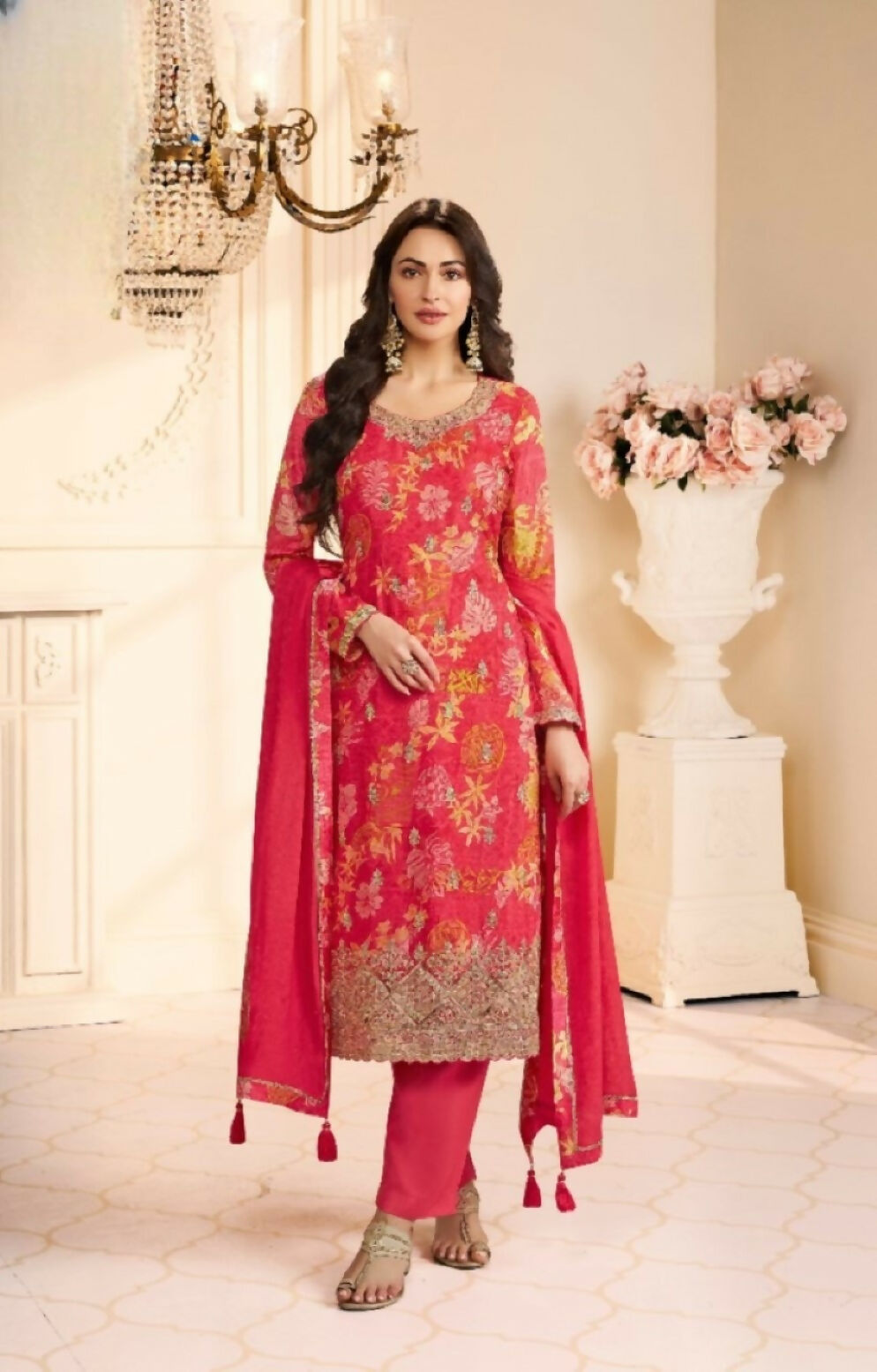 Anaita Red Chinon Stitched Suit with Multi Digital Print