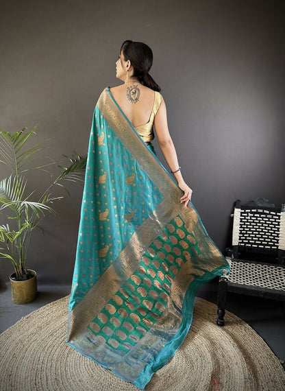 Joban Fashion Banarasi Teal Green Woven Soft Silk Saree