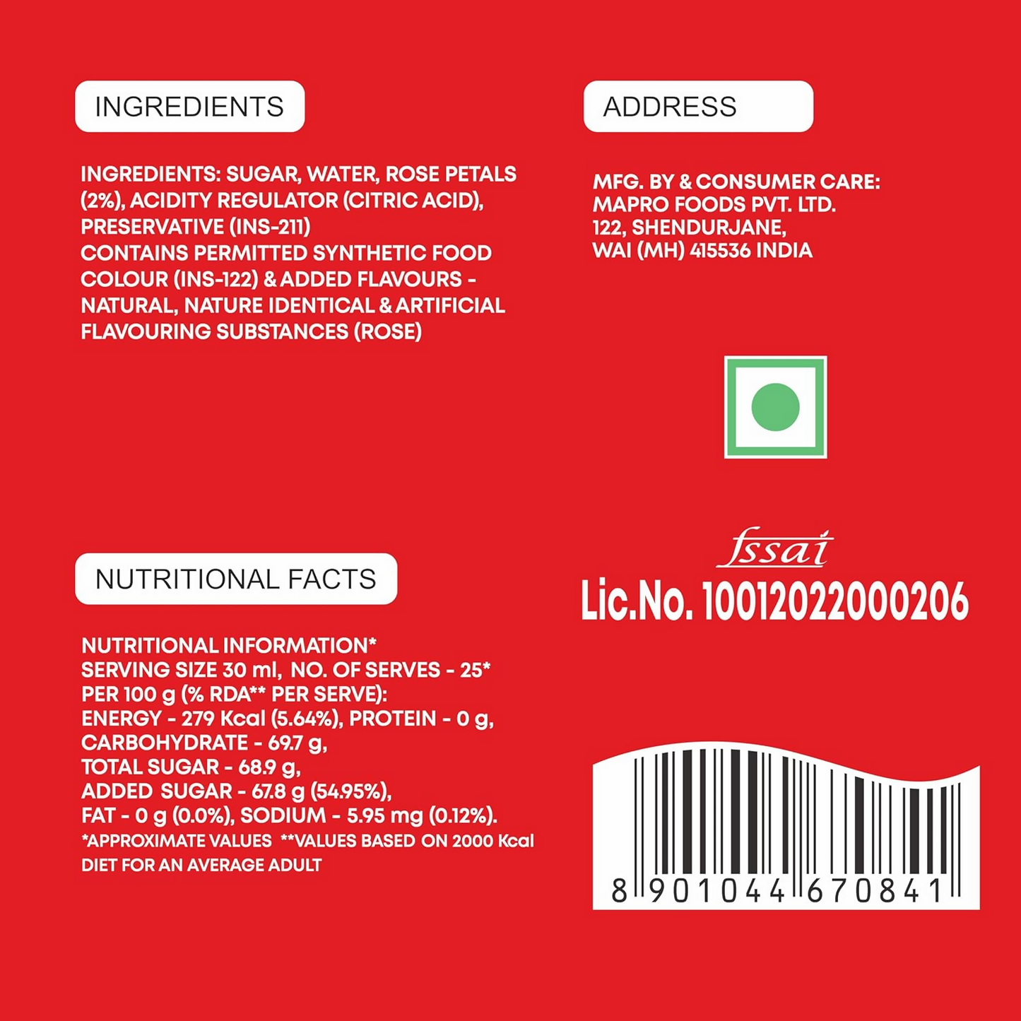 Mapro Rose Sharbat Gluten Free