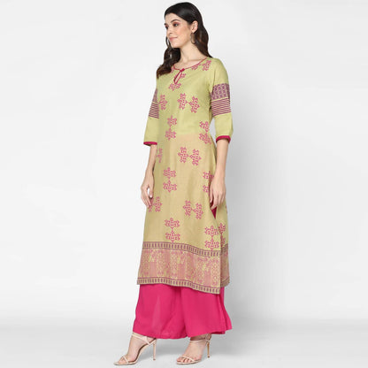 Cheera Hand Block Print Green & Pink Straight Kurta With Palazzo (MAAI-079K)