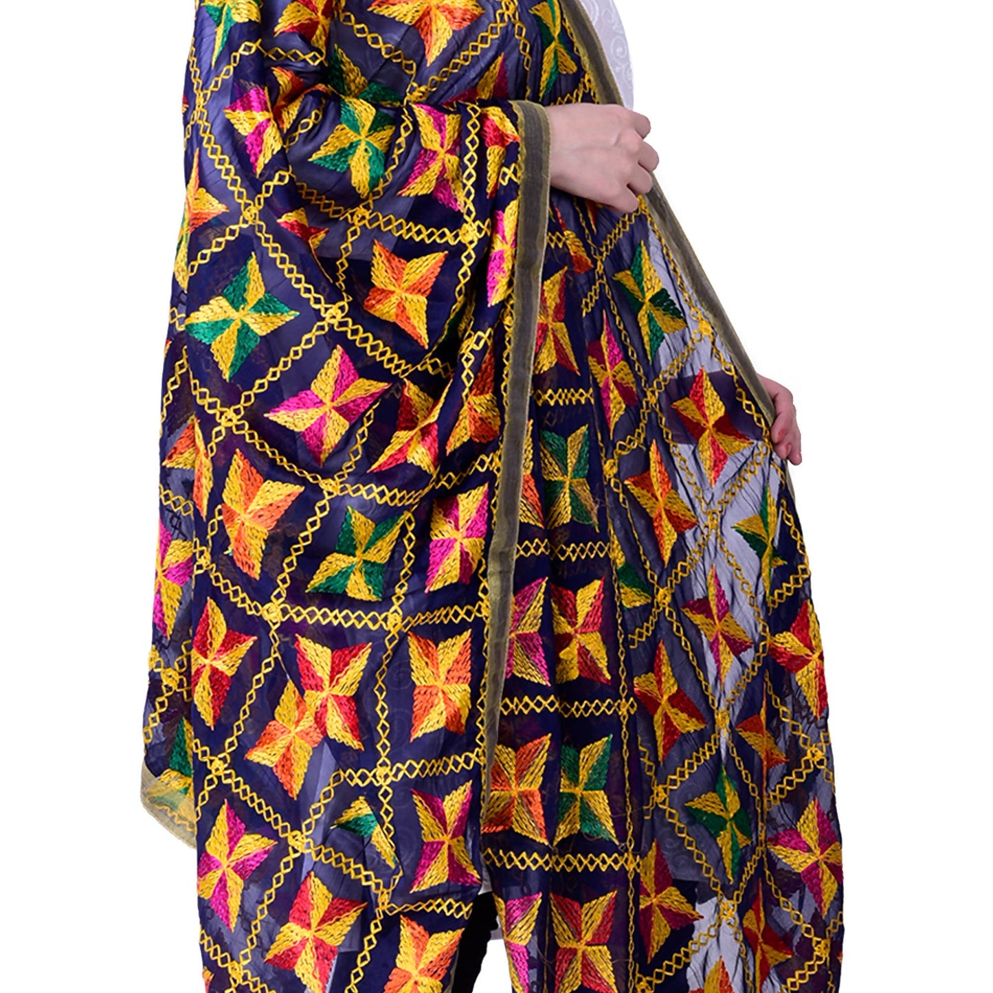 SWI Stylish Women's Embroidered Phulkari Chiffon Navy Blue Dupatta