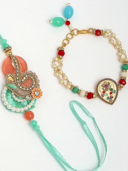 NVR Women & Men Set of 2 Multicolor Stone-Studded & Beaded Bhaiya Bhabhi Rakhi With Roli Chawal