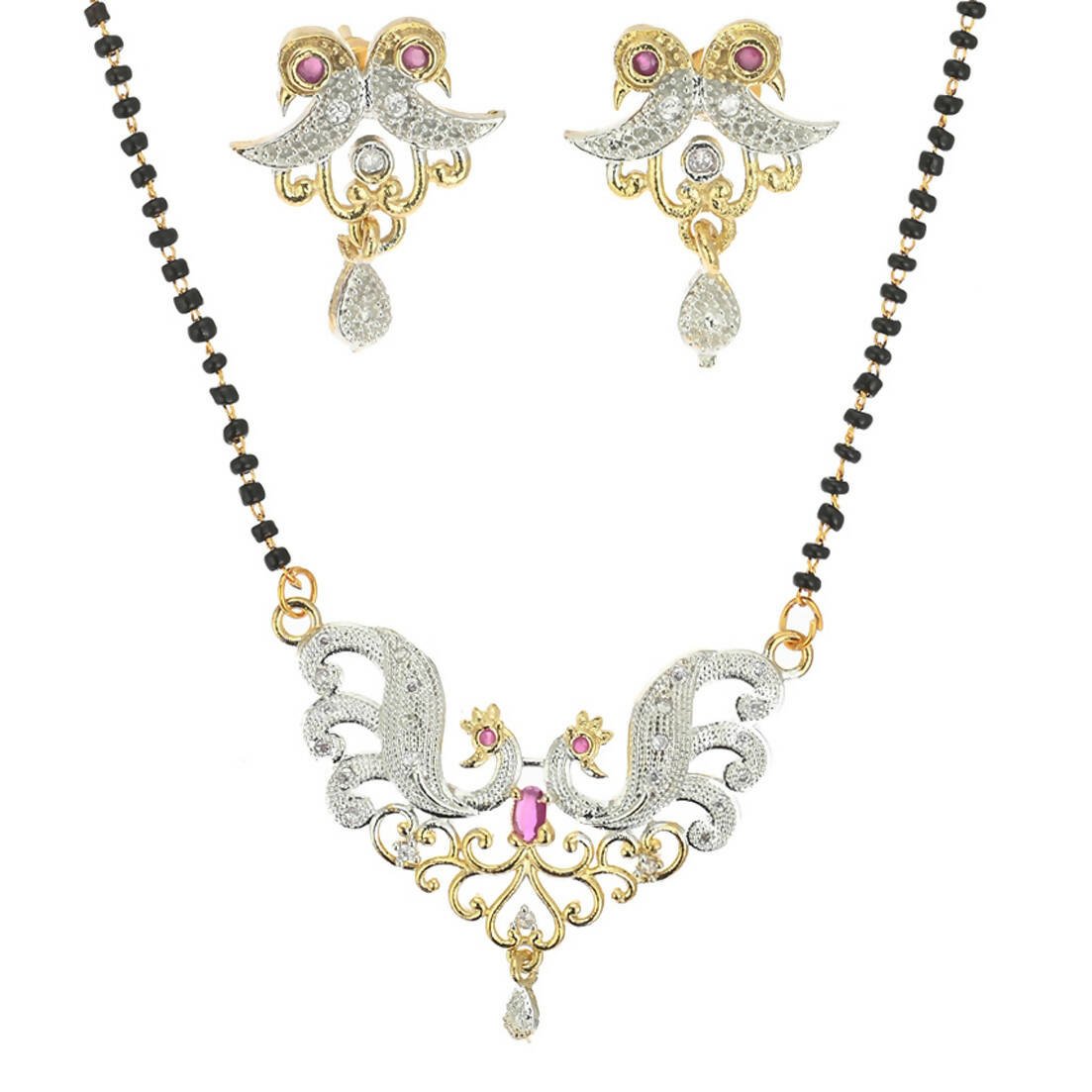 AanyaCentric Gold-Polished Mangalsutra Pendant Earring Set & Silver Plated Anklet