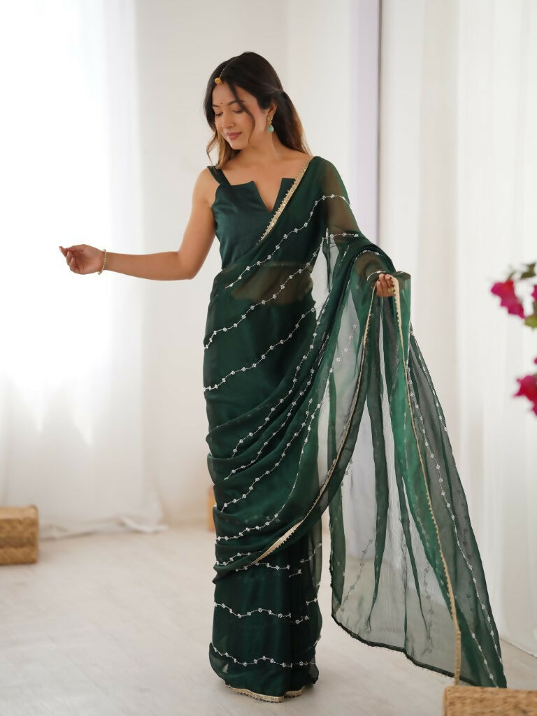 Green Sitara Chiffon Designer Beads Moti,Val Sequence Work Saree - Noorie