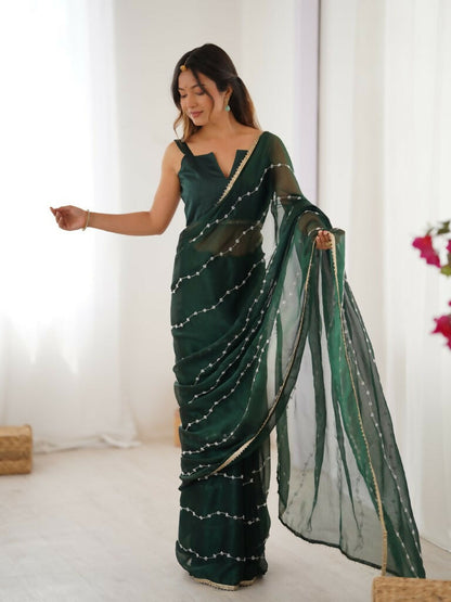 Green Sitara Chiffon Designer Beads Moti,Val Sequence Work Saree - Noorie