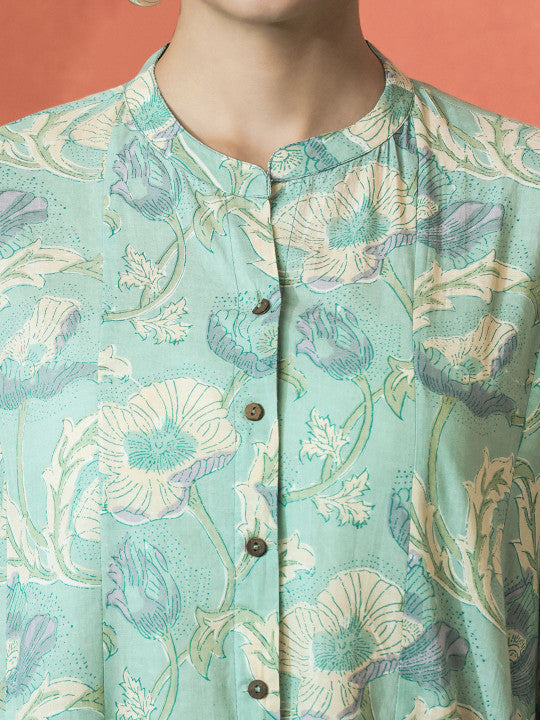 Sangria Floral Printed Mandarin Collar Panelled Pure Cotton A-Line Kurta