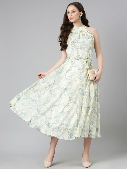 Souchii Cream & Blue Floral Chiffon Maxi Dress