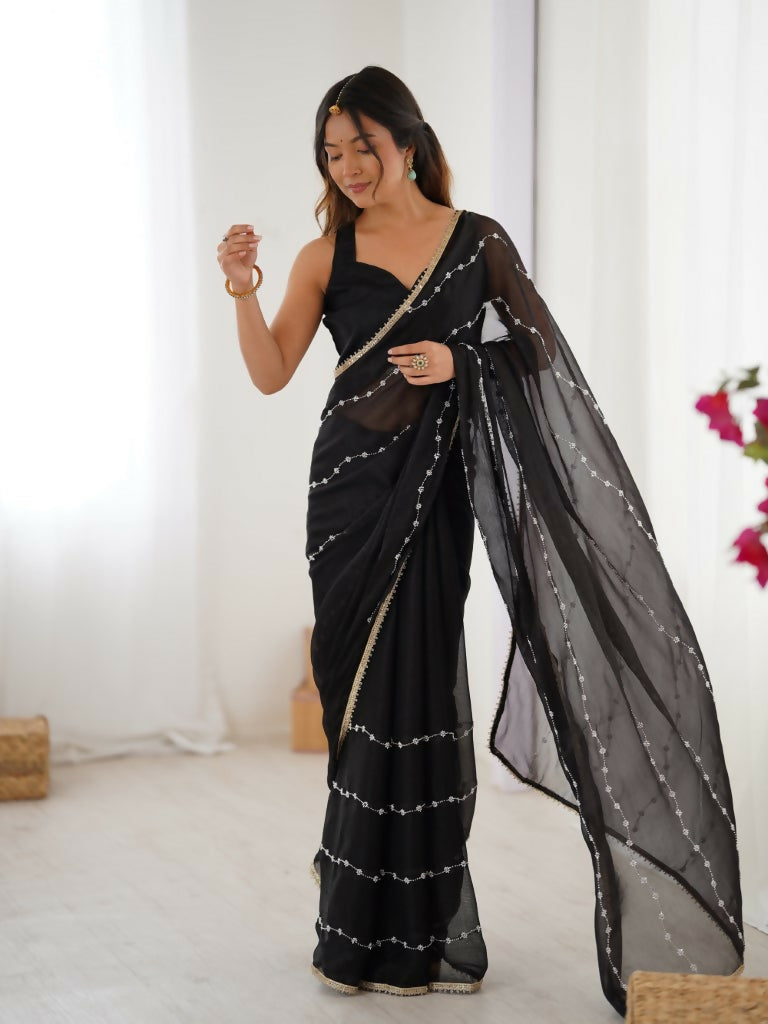 Black Sitara Chiffon Designer Beads Moti,Val Sequence Work Saree - Noorie